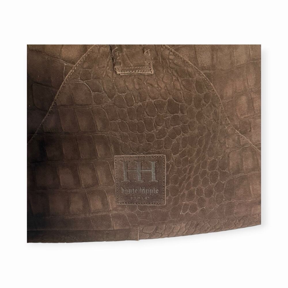 Haute Hippie Triangle Hobo Bag Brown Croc-Embossed Suede Leather Shoulder Purse - Picture 7 of 9